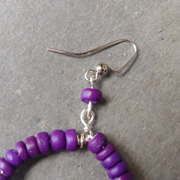 Handmade Round Circle Purple Stone Beaded Dangle Drop Earrings - Picture 3 of 5